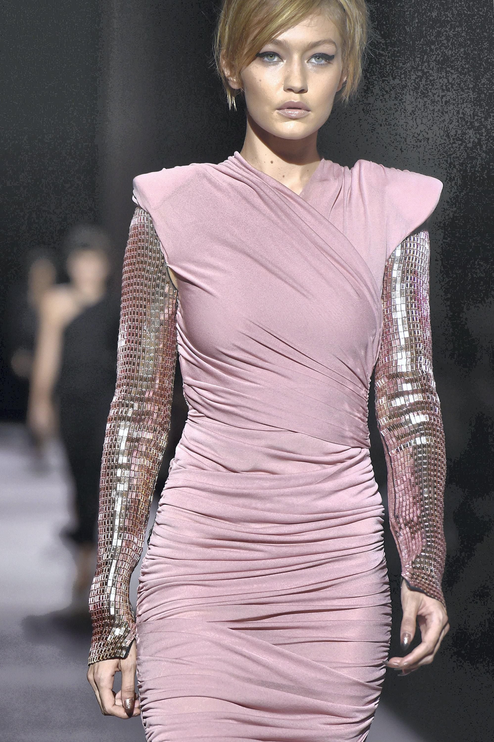 Gigi Hadid Walked the Runway in a See-Through Metallic Fishnet Dress