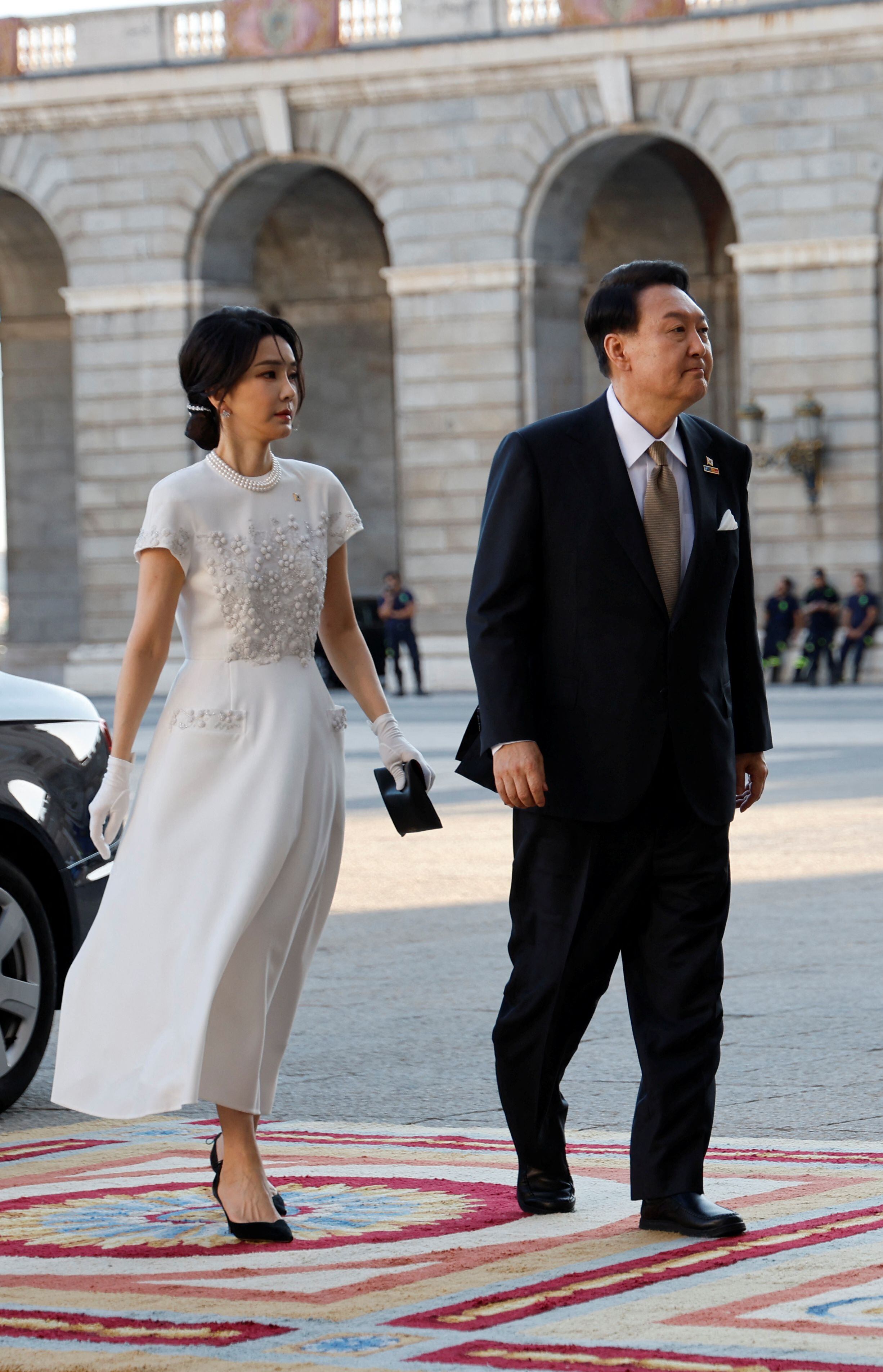 23rd May, 2023. First lady to promote Visit Korea Year campaign First lady  Kim Keon Hee (R) poses for a photo with Lee Boo-jin, head of Hotel Shilla  and chairperson of the